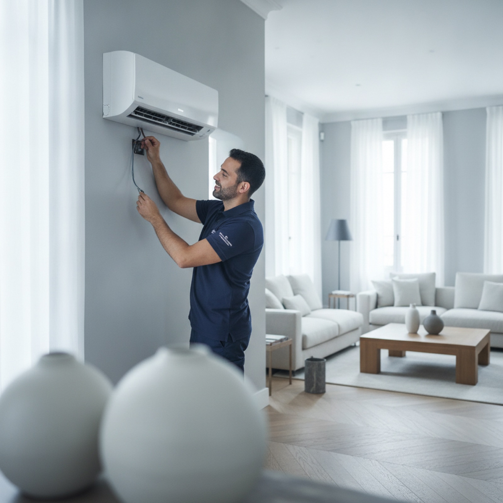 Technicien Boréa installant une climatisation dans un salon à Nantes